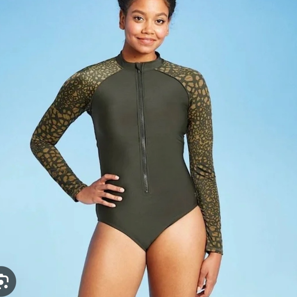 All In Motion Long Sleeve Olive Green Zip Front One-Piece Swimsuit Rash Guard